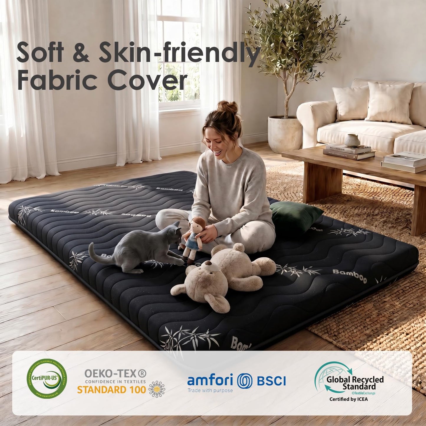 Japanese Floor Mattress Viscose Derived from Bamboo, 100% High Density Foam, 3.5" Thicken Cooling Foldable Futon Mattress Tatami Mat, Roll Up Floor Bed for Guest Room Bedroom RV, Black, Twin