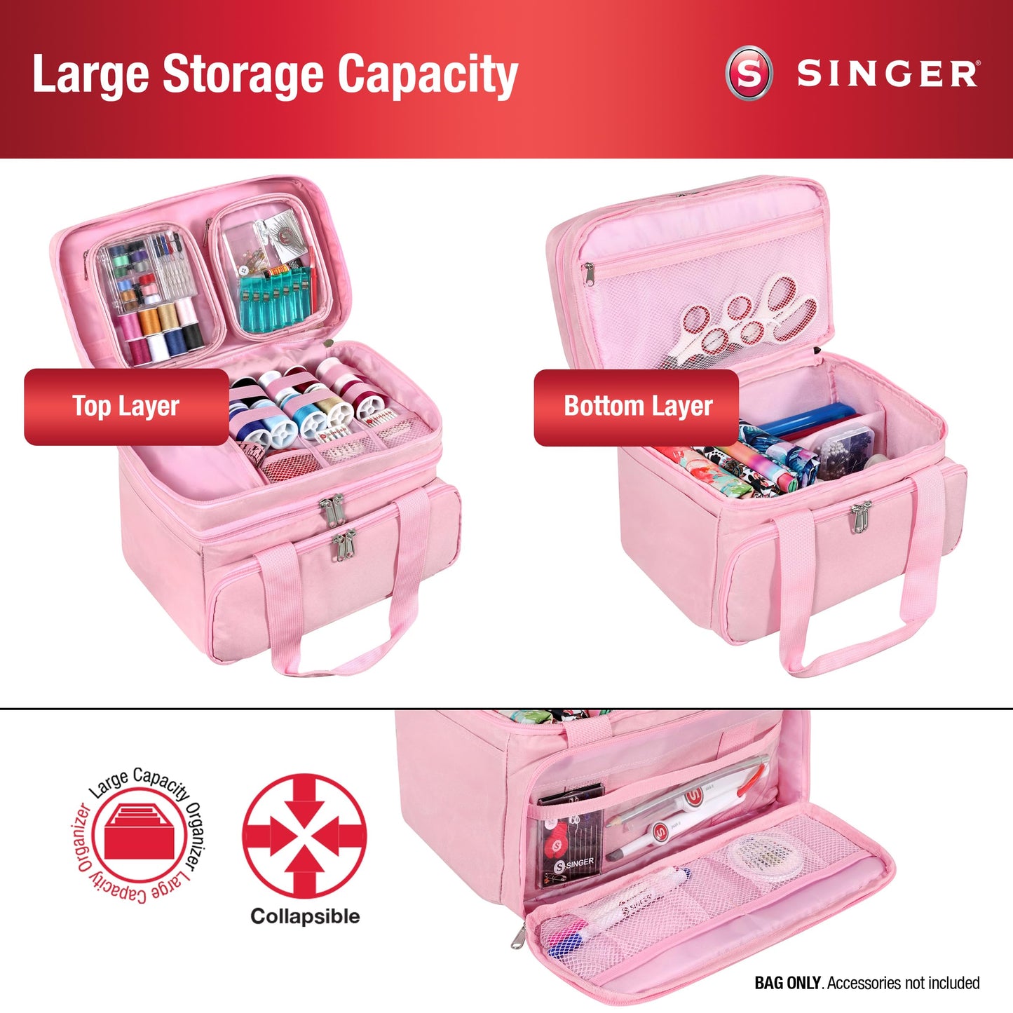 SINGER Sewing Accessories Organizer (Bag Only) – Double Layer Portable Sewing Storage Bag | 2 Detachable Pouches and 18 Compartments, Large Sewing Supplies & Crafting Carry-all (Pink)
