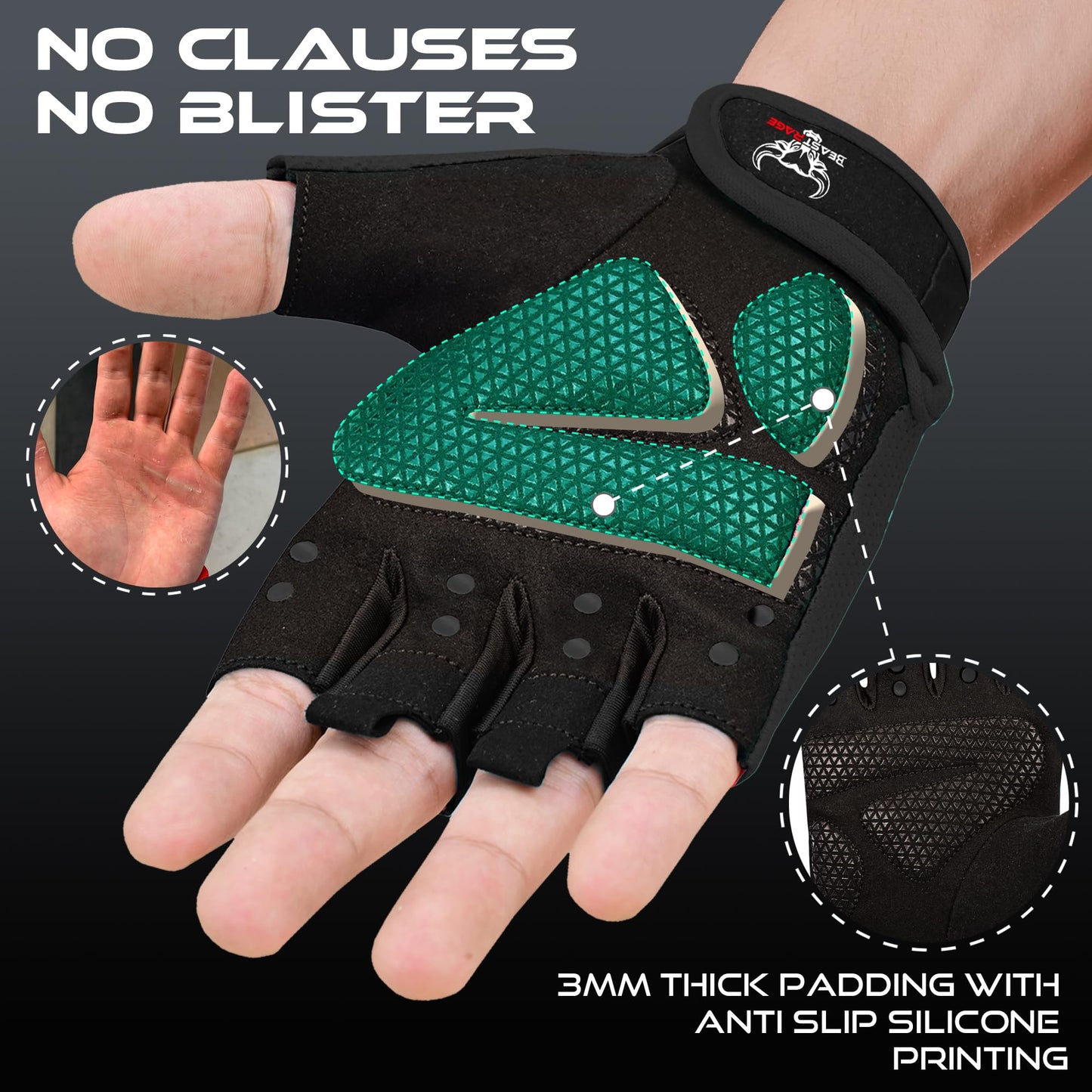 BEAST RAGE Workout Gloves for Men Gym Gloves for Weightlifting Women Fingerless with Palm Protection Padding, Breathable and Lightweight Weight Lifting Glove Cycling Pull Up (Black, S)