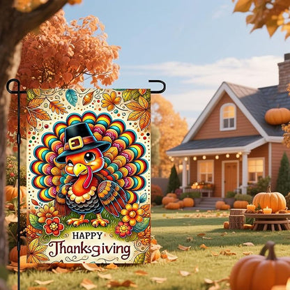 Thanksgiving Garden Flag Cute Turkey Pilgrim Hat 12x18 Inch Seasonals Outdoor Yard Banner Double Sided Fall Autumns Flags Decor For Girls or boys gifts Decrations Flags