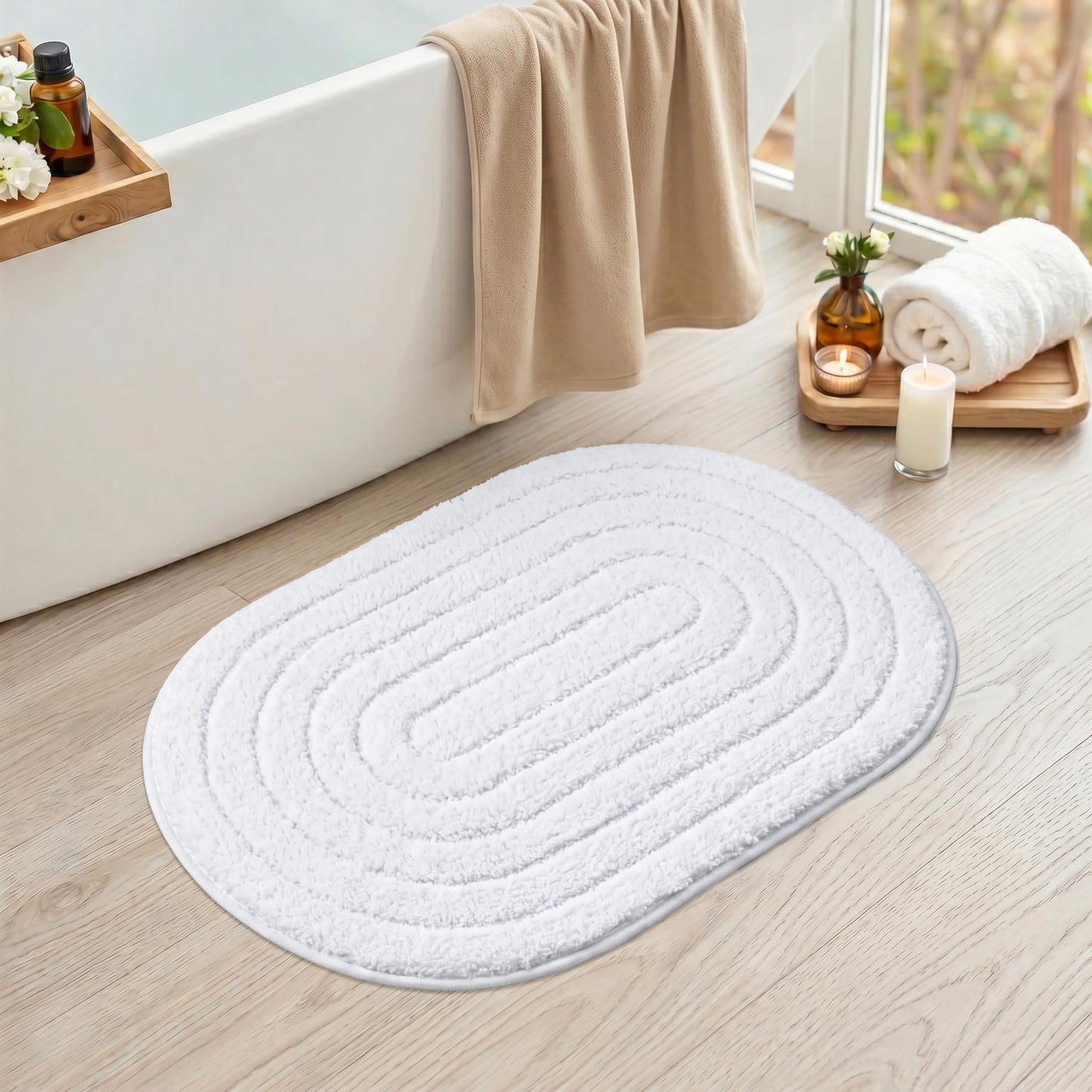 Cevolyn Oval Bathroom Rug, Ultra Soft Plush Microfiber Non Slip Absorbent Bath Mat, Neutral Aesthetic Modern Minimalist Cute Bath Rugs for Bathroom, Shower Room, Machine Washable, White, 20"x32"
