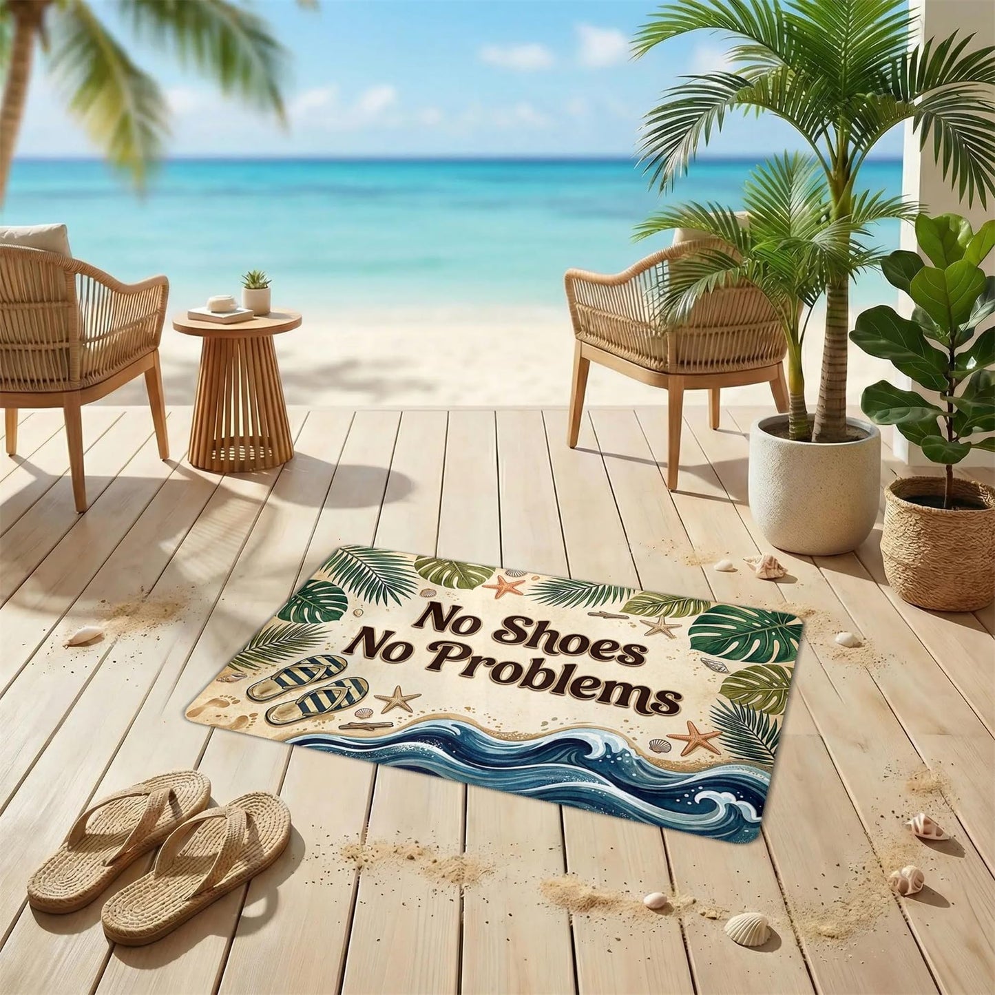 KITAIOPT Beach Theme Doormat, Low Profile Non Slip Rubber Backing, No Shoes No Problems Entrance Mat, 0.12" (3mm) Thin Indoor Floor Mat for Front Door