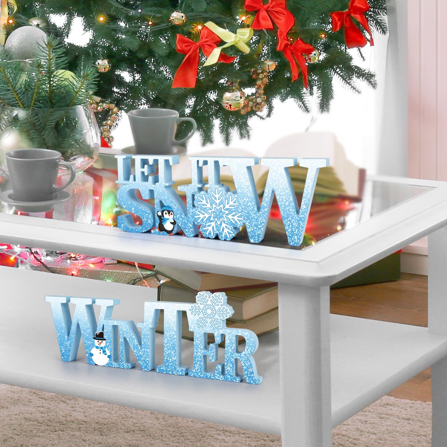 COCHIE Wooden Winter Let It Snow Sign, Snowflake Winter Decorations for Home, Office, Shelf, Mantel, Indoor, Blue White Wood Table Top Party Decor (Blue)