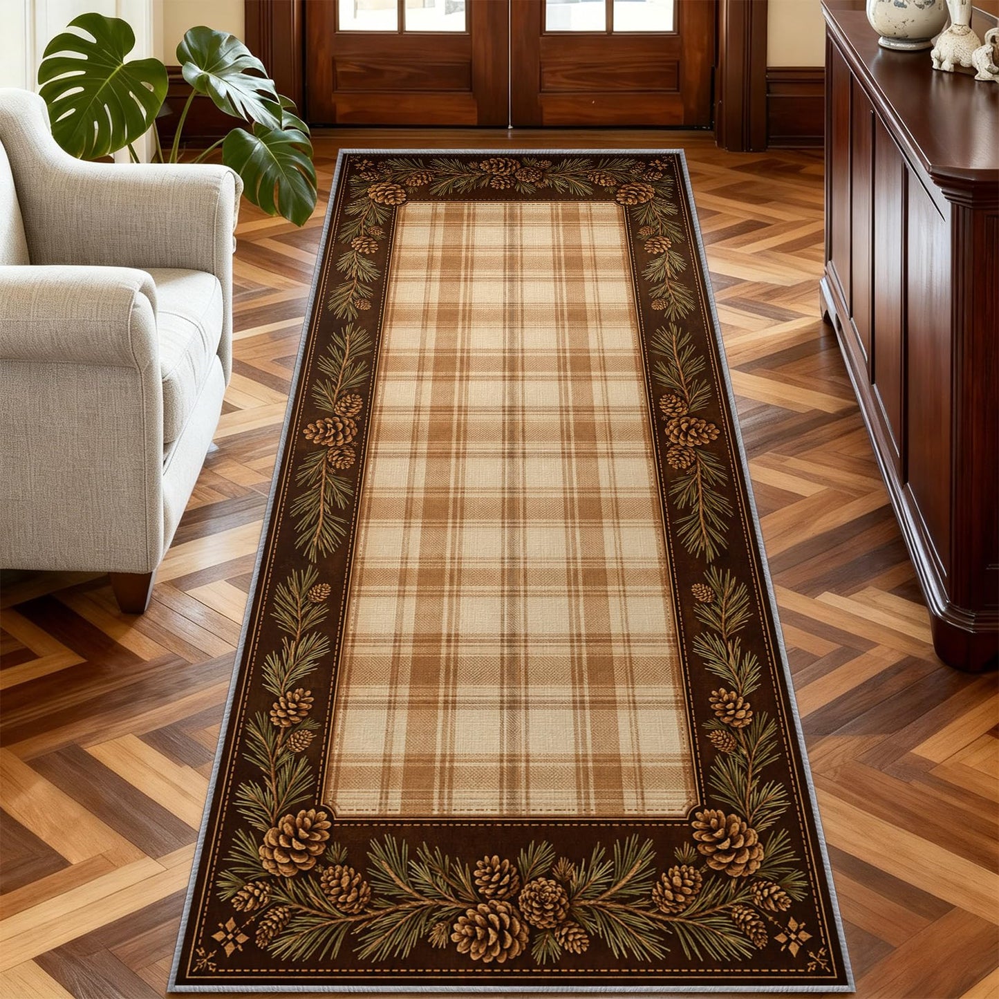 Rustic Cabin Runner Rug 2x10 Earth Tone Plaid Hallway Runner Rug, Pinecone Plaid Border Rugs, Western Rugs for Hallway, Non-Slip Washable Low Pile Entryway Carpet for Kitchen Living Room Bedroom