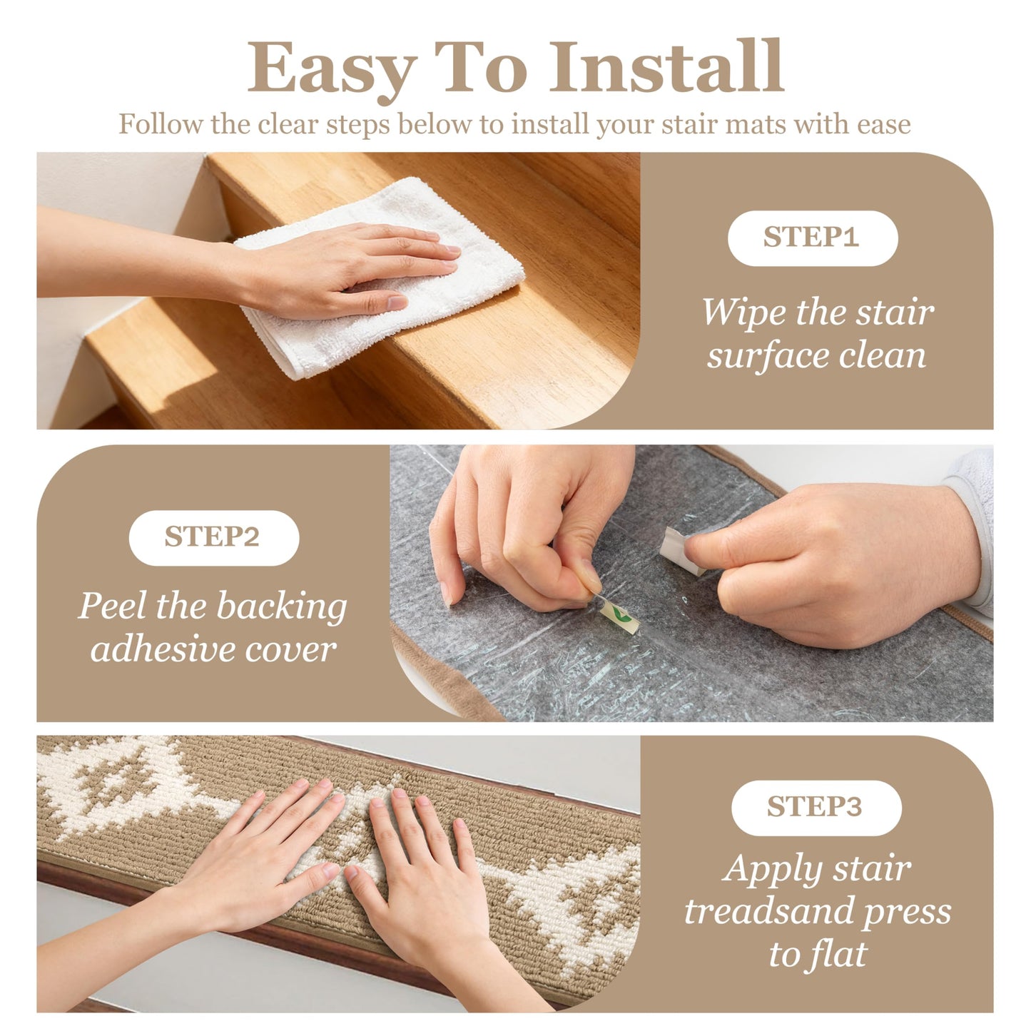 TANVILL Stair Treads for Wooden Steps, Non-Slip Peel and Stick Carpet Stair Runner, Boho Pet Friendly Indoor Stair Protectors, Soft Washable Reusable,8x30 15Pcs,Brown
