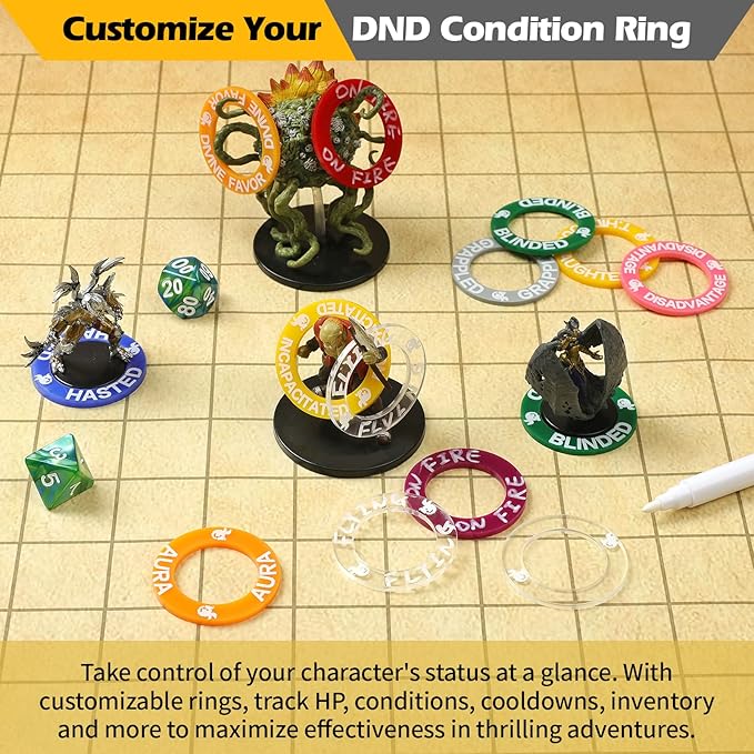 52 Unique DND Miniatures Condition Rings 92 PCS Status Effects Markers - Including 5 Customizable Blank Rings Ideal for Dungeons and Dragons &amp 5th Edition Best DND Gifts for DM