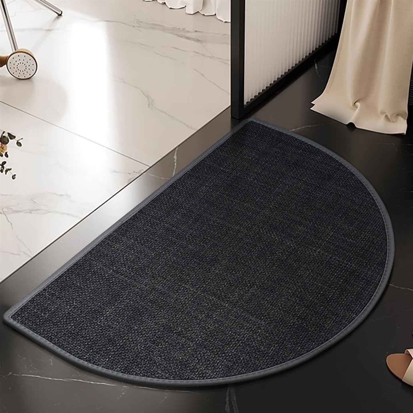 Lifup Half Circle Bath Mat Non-Slip, Ultra Thin Bathroom Rugs, Rubber Backing Absorbent Quick Dry Machine Washable Carpet for Bathroom Floor, Bedroom Home Decor Black 16" x 24"