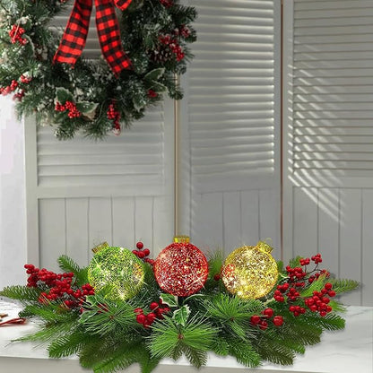 Christmas Centerpiece Table Decorations, Includes 3 LED Baubles Artificial Red Berries and Pine Cones Xmas Candelabrum for Dinning Room, Table, Fireplace, Mantel Decoration