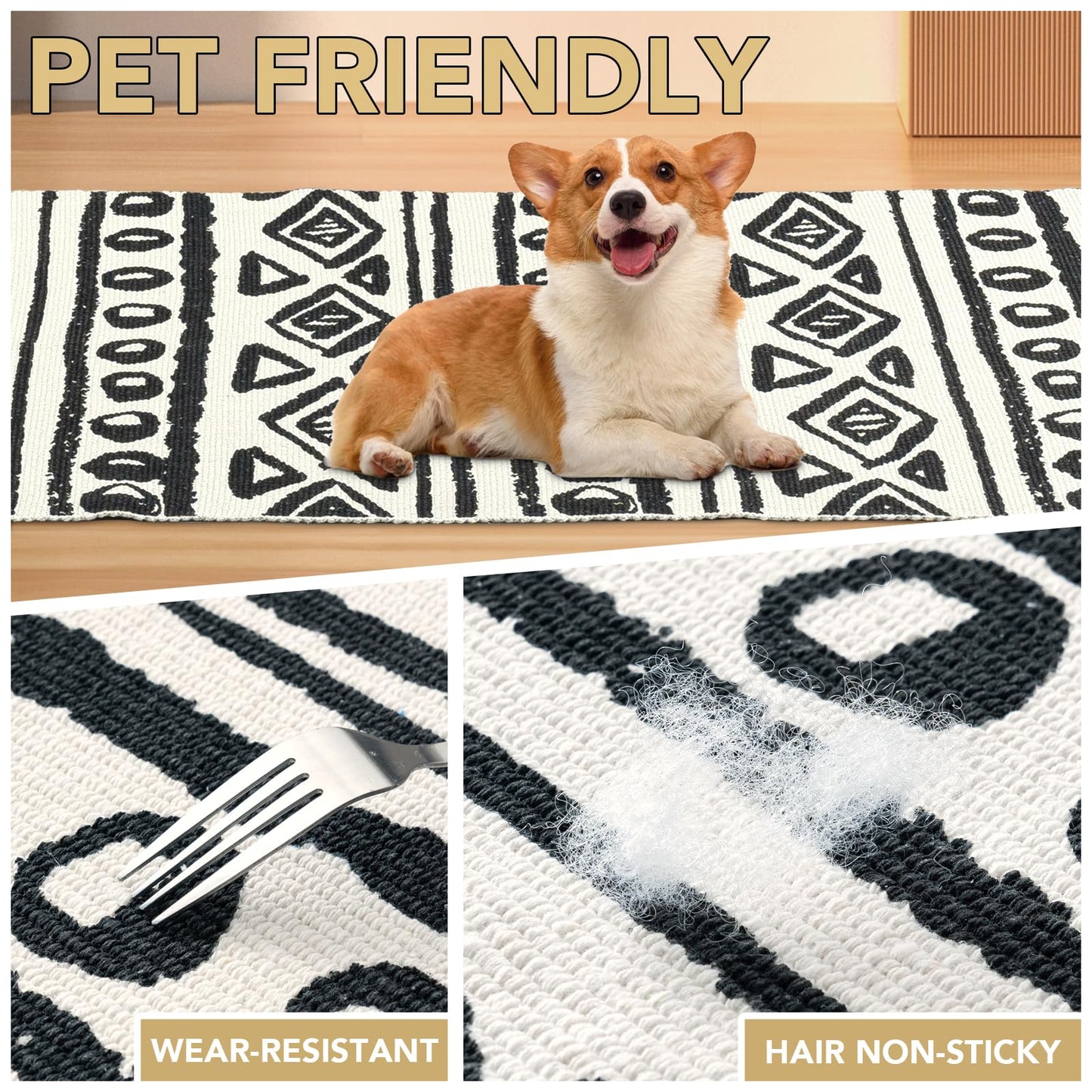 H.VERSAILTEX Handwoven 2x5 ft Boho Runner Rug with Tassels - Low Pile Easy Clean Washable Entryway Rug, Non-Slip Kitchen Runner for Hallway, Laundry Room, Corridor - Floor Mat(1 Pack,Black/White)