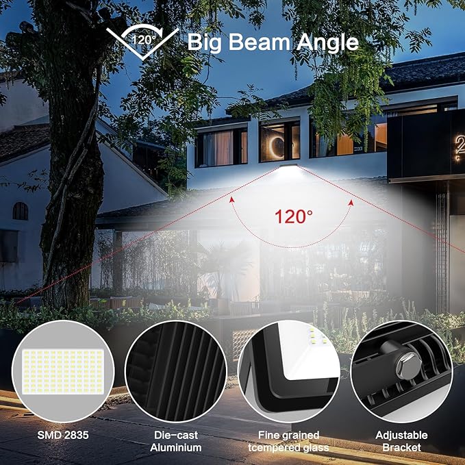 MORSEN 100W Flood Light Outdoor Plug in - 15000LM 5000K LED Flood Light, IP66 Waterproof, UL Listed Daylight Security Lights for Garden, Yard, Garage, Stadium, 2 Pack