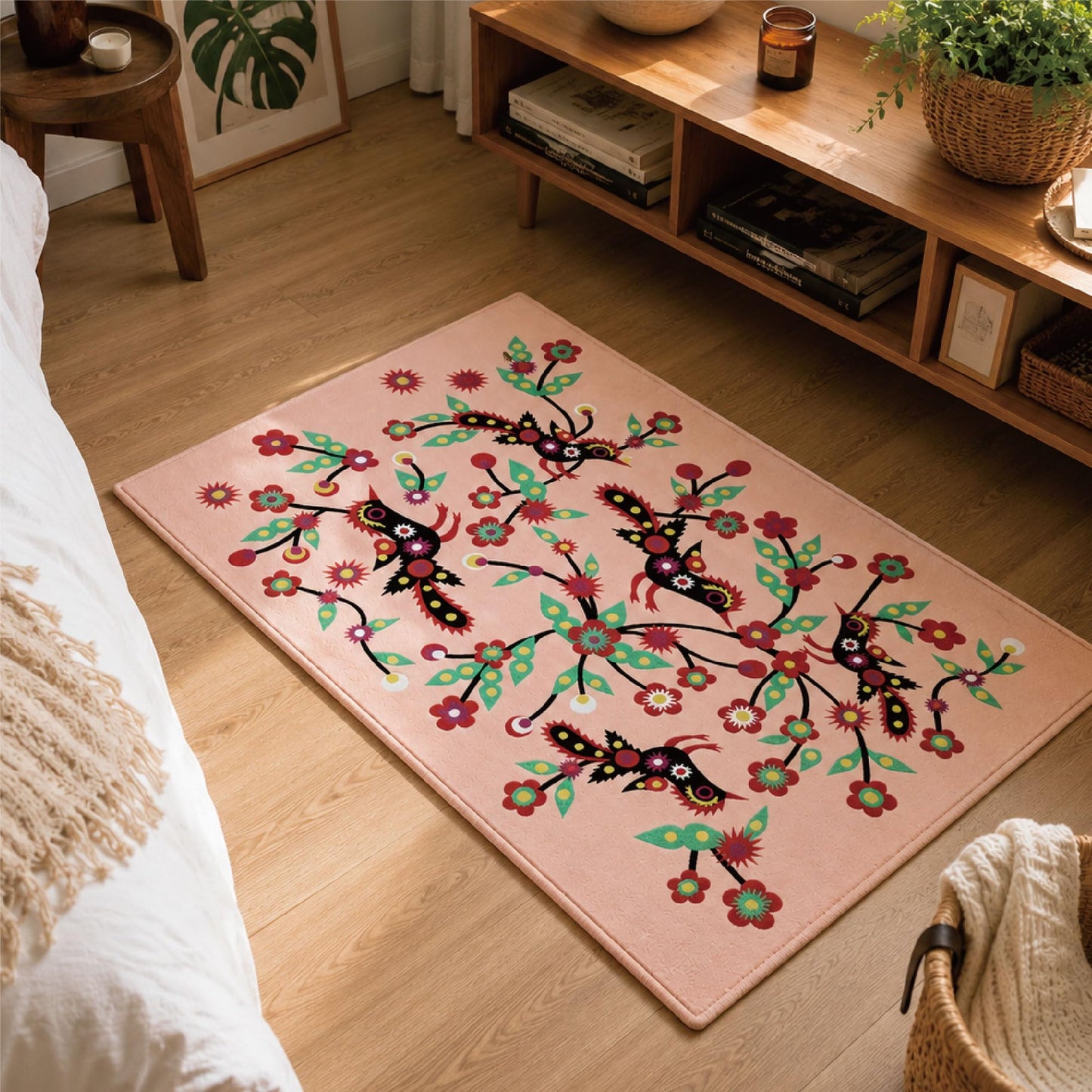 Jianhua Goddess 2x3 Entry Rug, Magpies Pattern Series Inspired by Ku Shulan Paper-Cut, Machine Washable Indoor Floral Folk Art Accent Rug with Non-Slip Backing for Entryway, Bedside, Studio