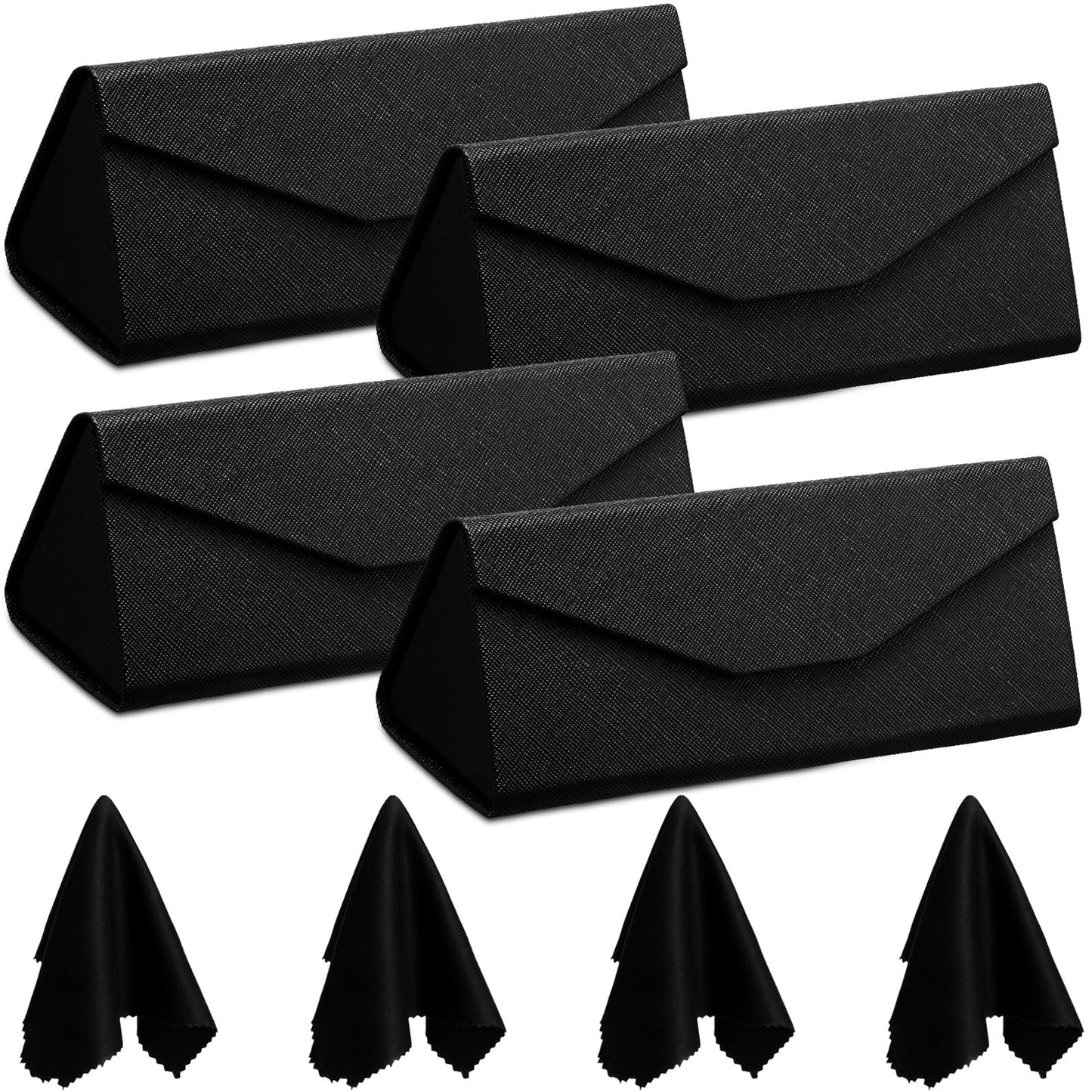 Flutesan 4 Pack Foldable Glasses Sunglasses Case PU Hard Shell Collapsible Eyeglasses Leather Case 4 Cleaning Cloths(Black Color)