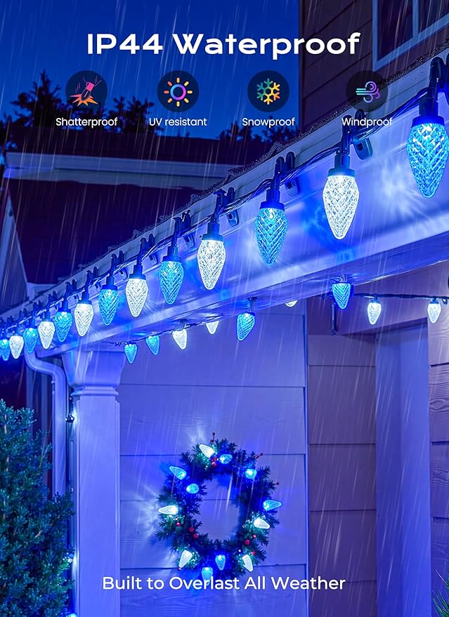 C9 Christmas Outdoor Lights, 72 FT 110 LED C9 String Lights, 8 Modes & Timer Extendable Waterproof for Christmas Tree Indoor Outdoor Roofline Patio Outside Garden Backyard Xmas Decor, Blue White