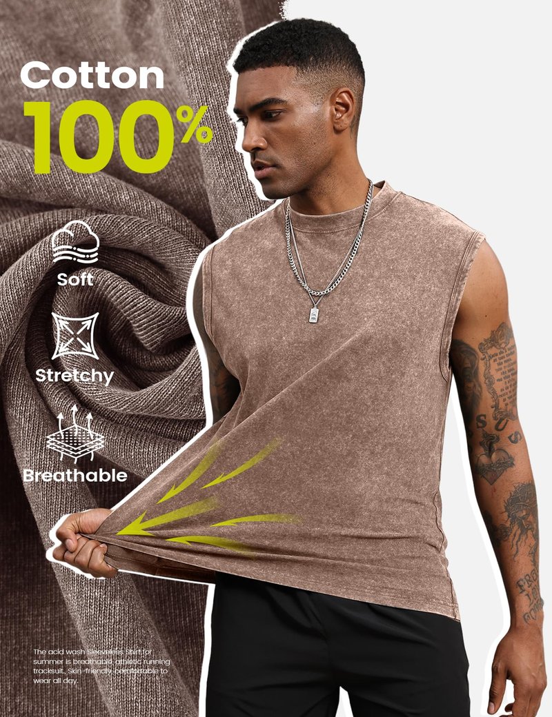 Yimoon Mens Tank Tops Workout Sleeveless Shirts Cotton Acid Wash Tees Loose Gym Muscle Shirts(GreyKhakiBeige-L)