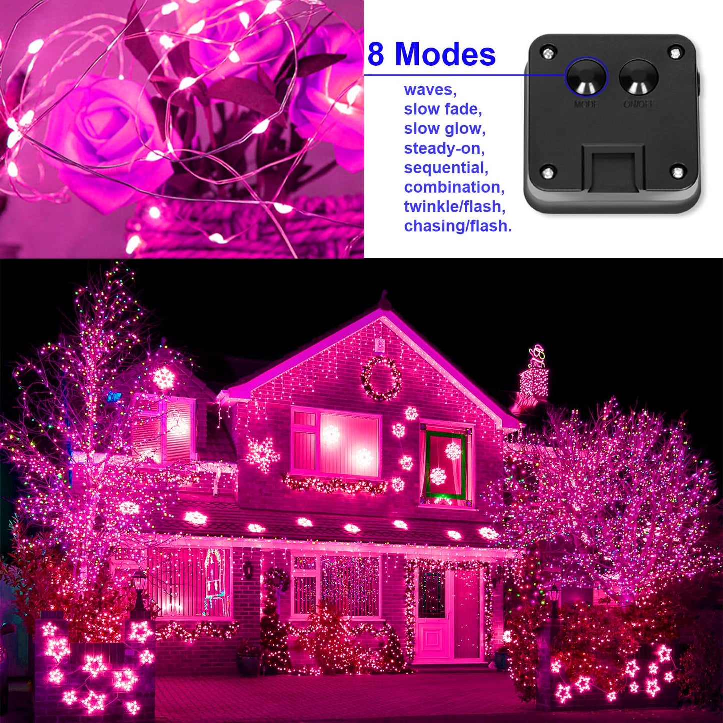 YAOZHOU Solar Christmas String Lights Pink Outdoor Waterproof 100 LED（2 Pack） 8 Modes Copper String Lights Fairy Lights for Valentines Day Garden, Patio, Fence, Balcony, Outdoors(Pink 2pcs