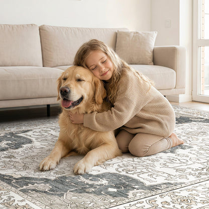 cotiled 5x7 Area Rug Machine Washable Vintage Carpet for Living Room Bedroom Soft Non-Slip Backing Floor Mat Kid & Pet Friendly Stain Resistant Light Brown