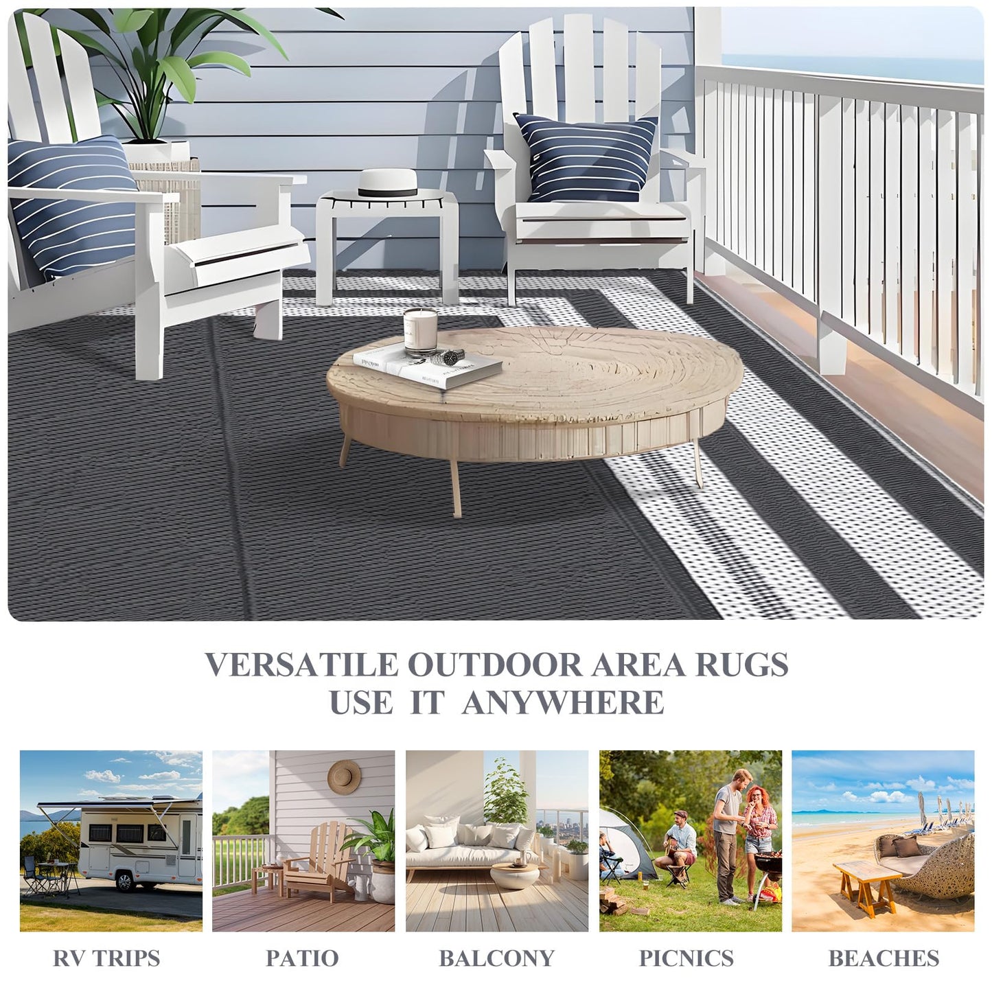 GAOMON Outdoor Rug for Patio 9x18 Plastic Straw Rug Waterproof Reversible Mat Modern Bordered Patio Rug for Porch RV Backyard Pool Deck Picnic Beach Trailer Camping Border-Grey/White