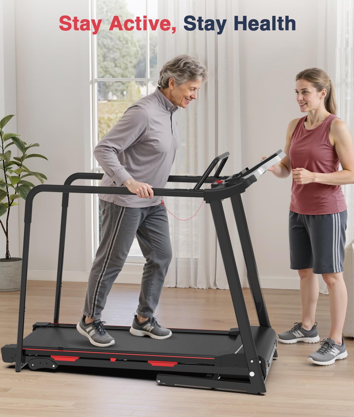 Redliro Walking Treadmill for Seniors Foldable - 400 Lb Capacity Senior Treadmill with Front & Long Handrails, 0%-2% Incline Home Recovery Fitness Exercise Machine for Elder, 47.6" Long Belt, APP