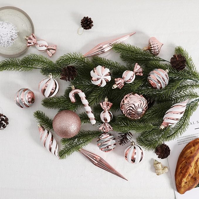 Christmas Ball Ornaments Set Shatterproof Christmas Tree Ornaments 24 PCS Painted Shaped Styles Xmas Tree for Holiday Decor,Rose Gold