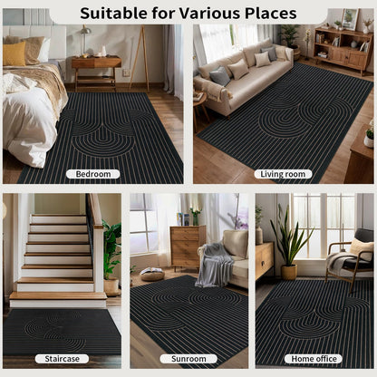 Tangsoo Modern Easy Jute 5x7 Area Rug for Living Room,Black Thin Washable Rug Non Slip Rubber Backing Indoor Outdoor Carpet,Farmhouse Throw Mat for Office Bedroom Backyard