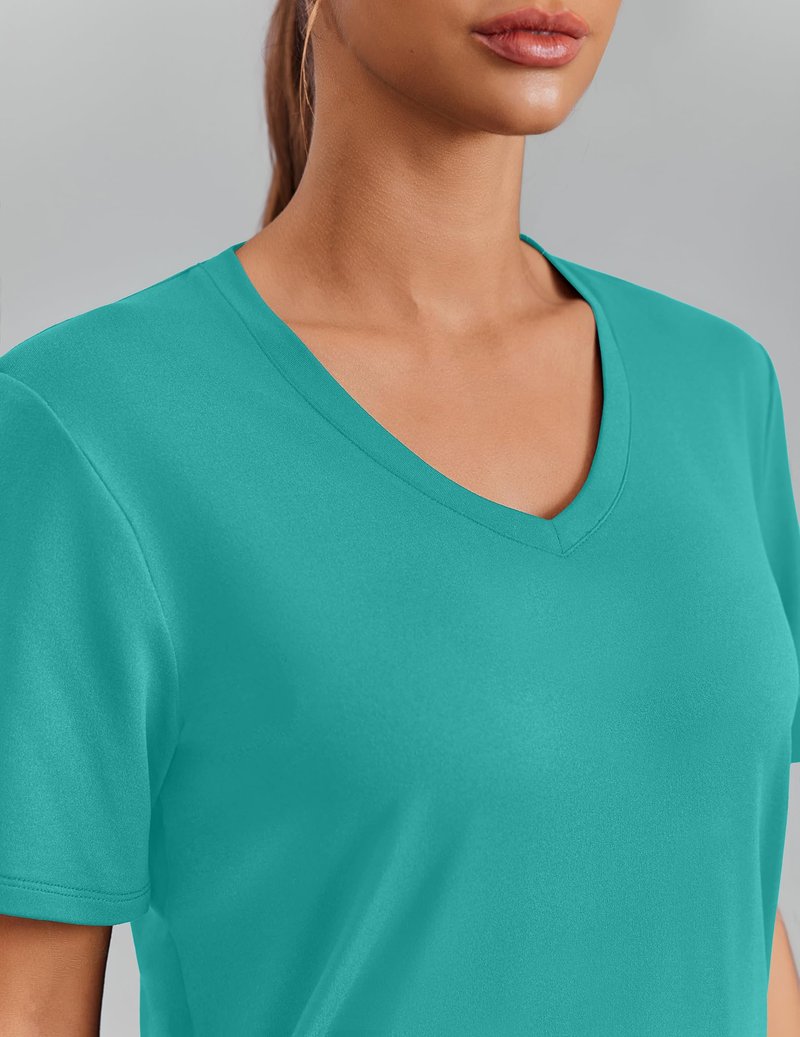 PINSPARK Moisture Wicking Shirts for Women Short Sleeve V Neck Quick Dry Workout Tops Athletic Gym Running T-Shirts Cooling,Teal Small