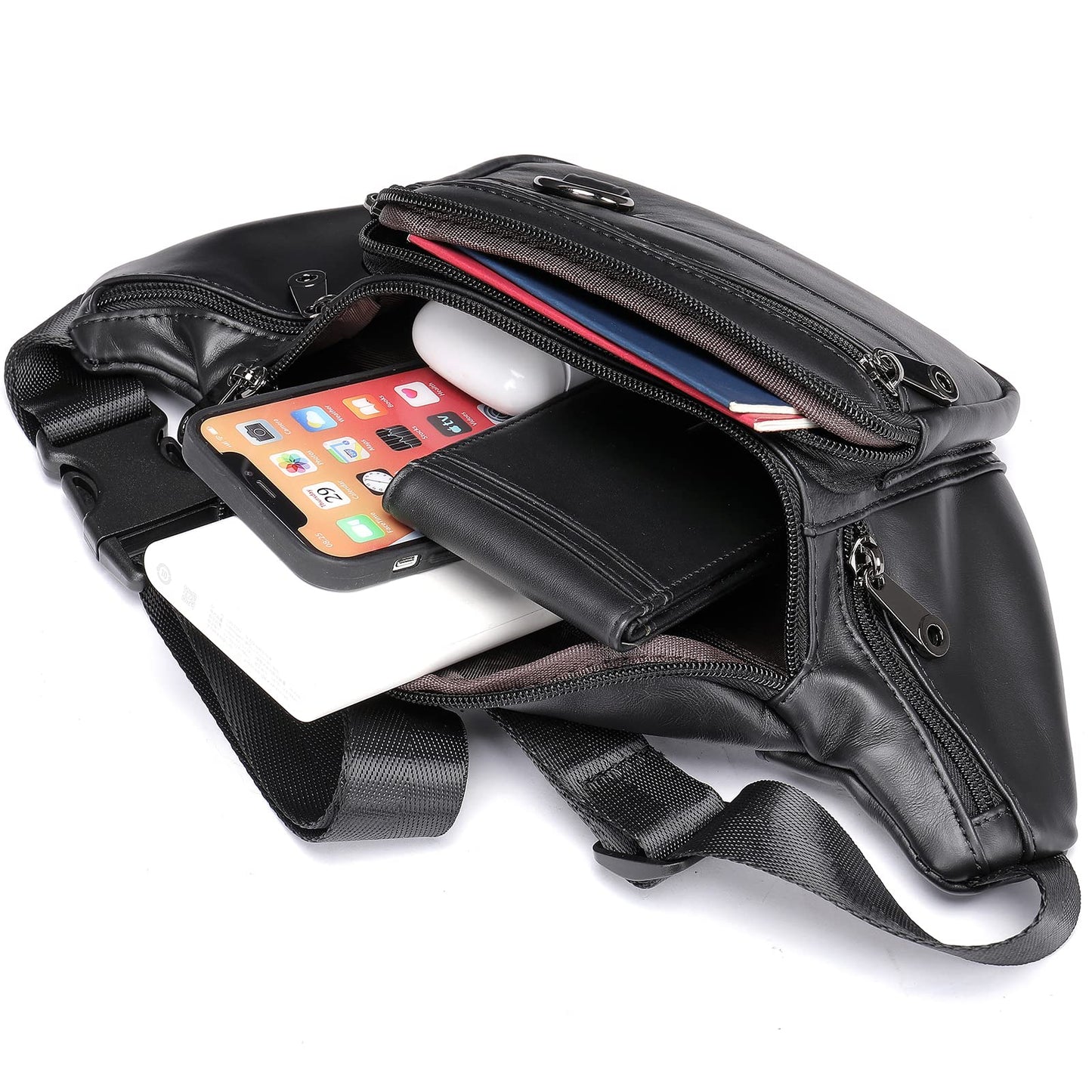Genuine Leather Fanny Pack HandMade Durable cowhide Waist Bag Lots of Anti-theft zipper pocket Black