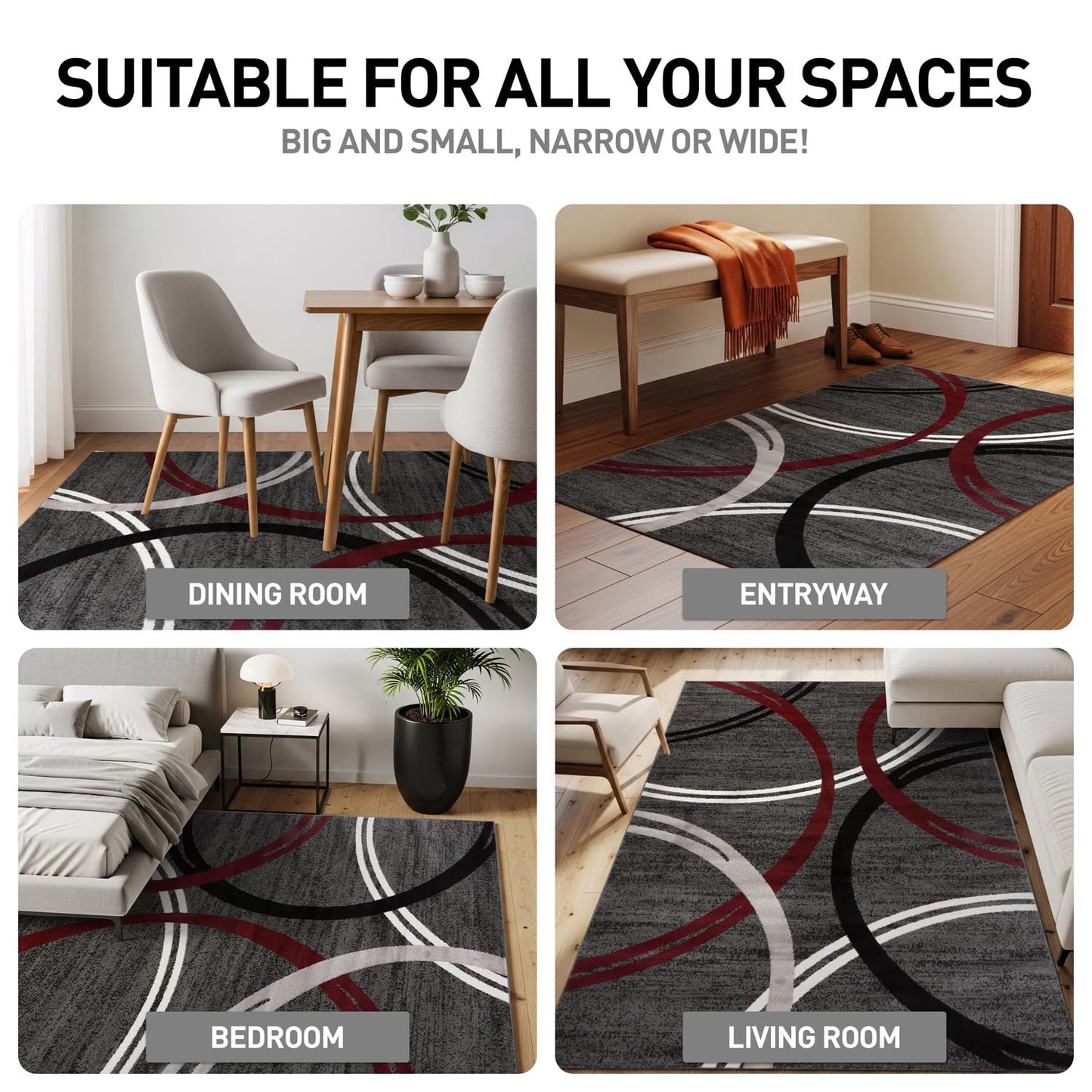 Rugshop Modern Wavy Circles Design Non-Shedding Area Rug, Carpet for Living Room or Dining Room, Red, 6'6" x 9'
