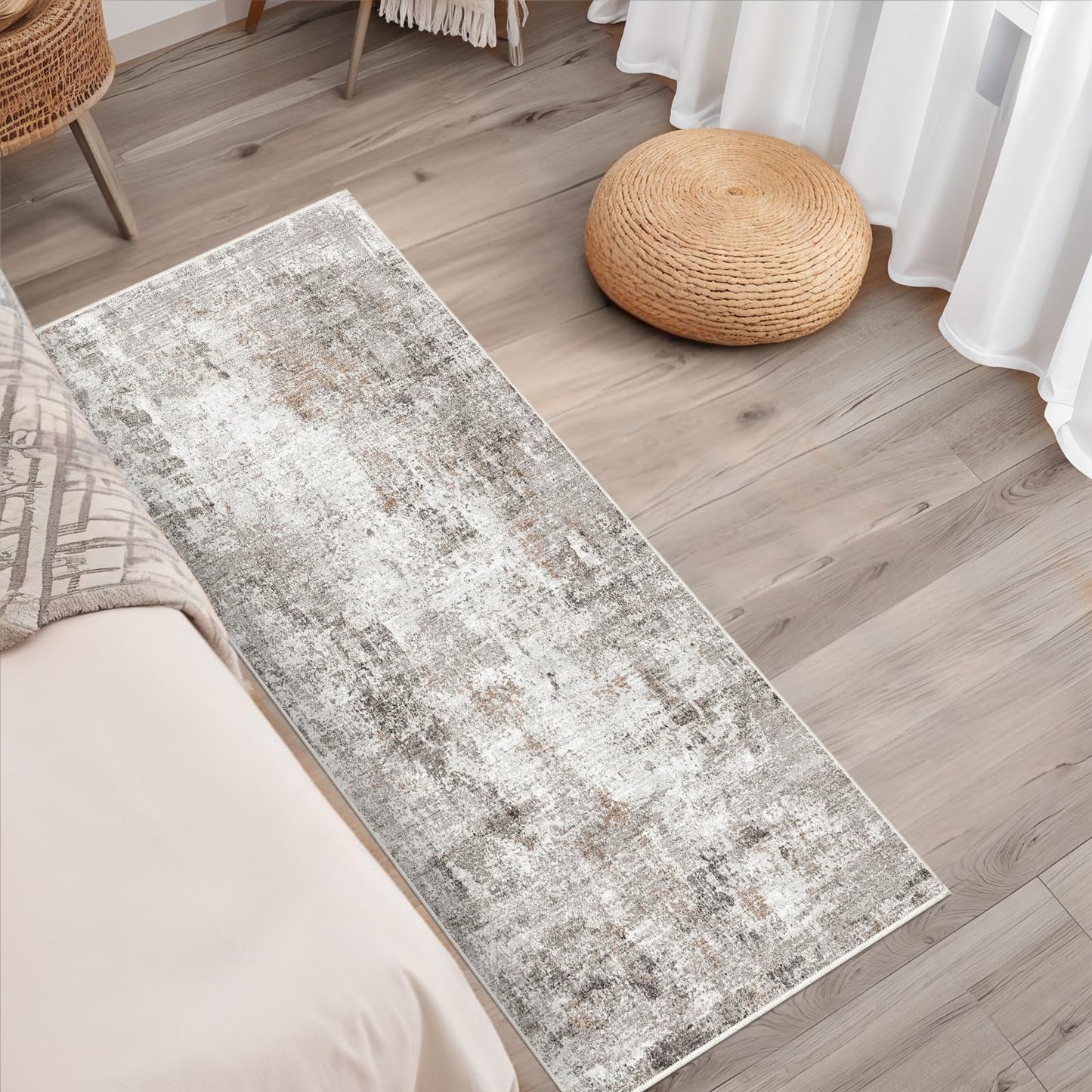 2x5 Rug Runner Non-Slip Washable – Modern Neutral Abstract Small Rug for Hallway, Kitchen, Bathroom, Bedroom, Entryway, Laundry Room – Thin Soft Low-Pile Rubber Backing (Beige/Grey)