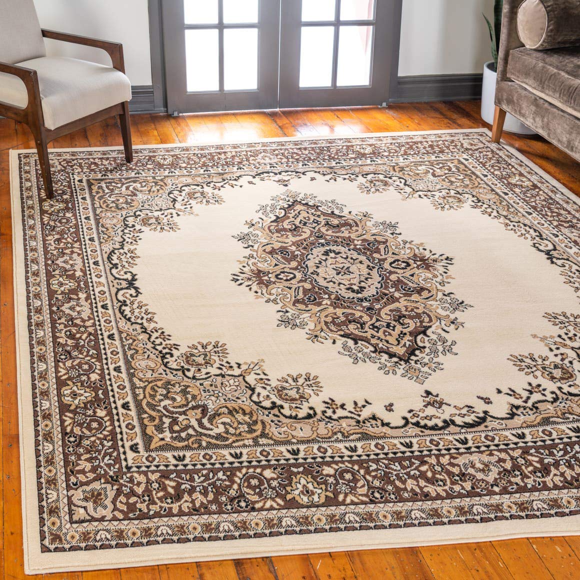 Unique Loom Reza Collection Traditional Persian Style Area Rug, Square 8' 0" x 8' 0", Ivory/Brown