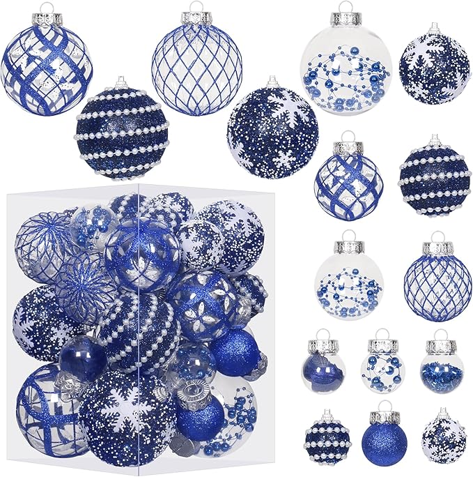 Super Holiday Christmas Ball Ornaments, 33PCS Blue Clear Shatterproof Plastic Foam Ornaments Set for Hanging Xmas Tree Holiday Thanksgiving Party Decor.