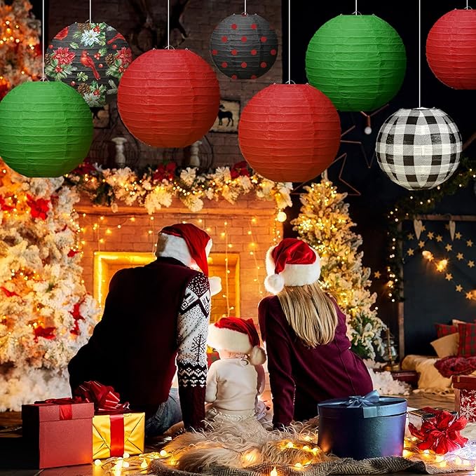 Bencailor 12 Pcs Christmas Hanging Paper Lanterns Set Decorative Party Round Hanging Lamps for Xmas Home Decoration Supplies Props Holiday Decor(12, 10, 8 Inch,Plaid)