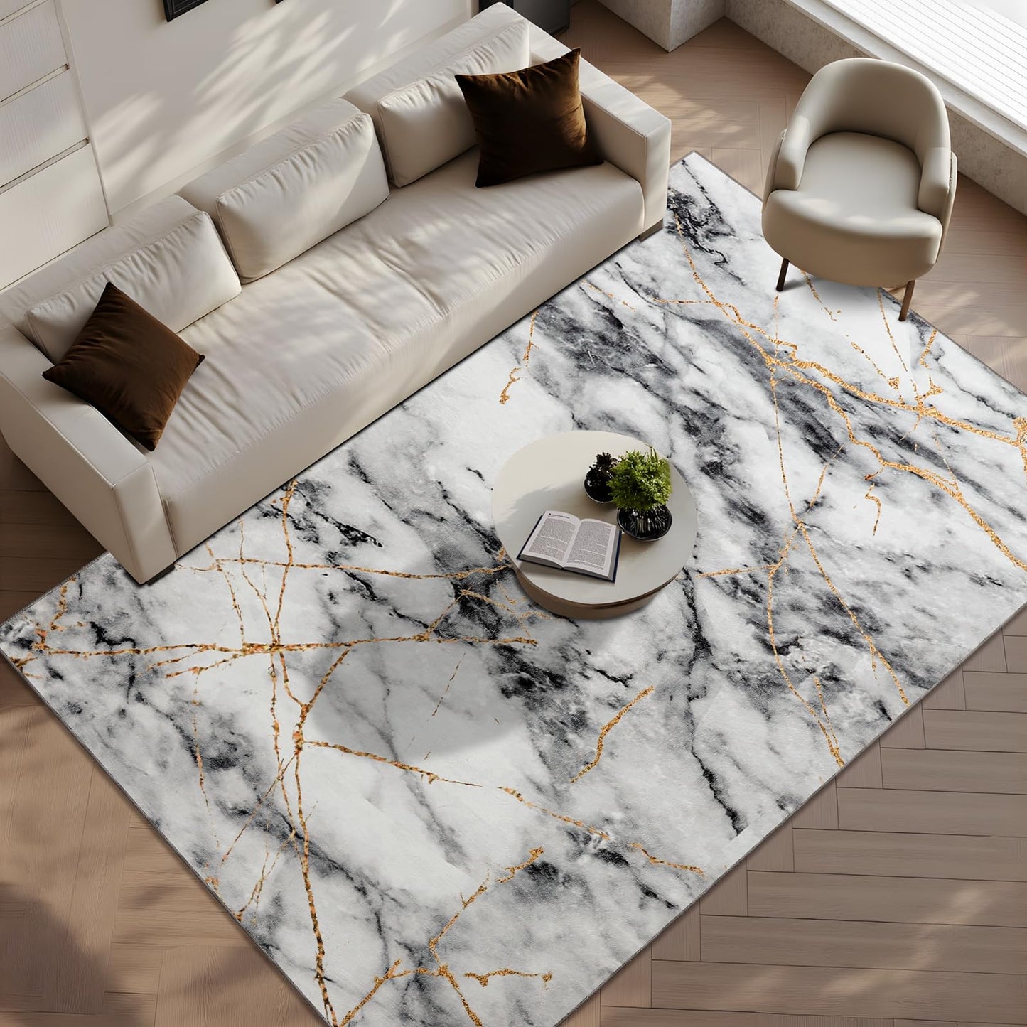 CRYPTOLITE Area Rugs 9x12 Rug for Living Room Abstract Washable Rug with Non-Slip Backing Low Pile Area Rugs for Bedroom, Dining Room, Gold&Grey