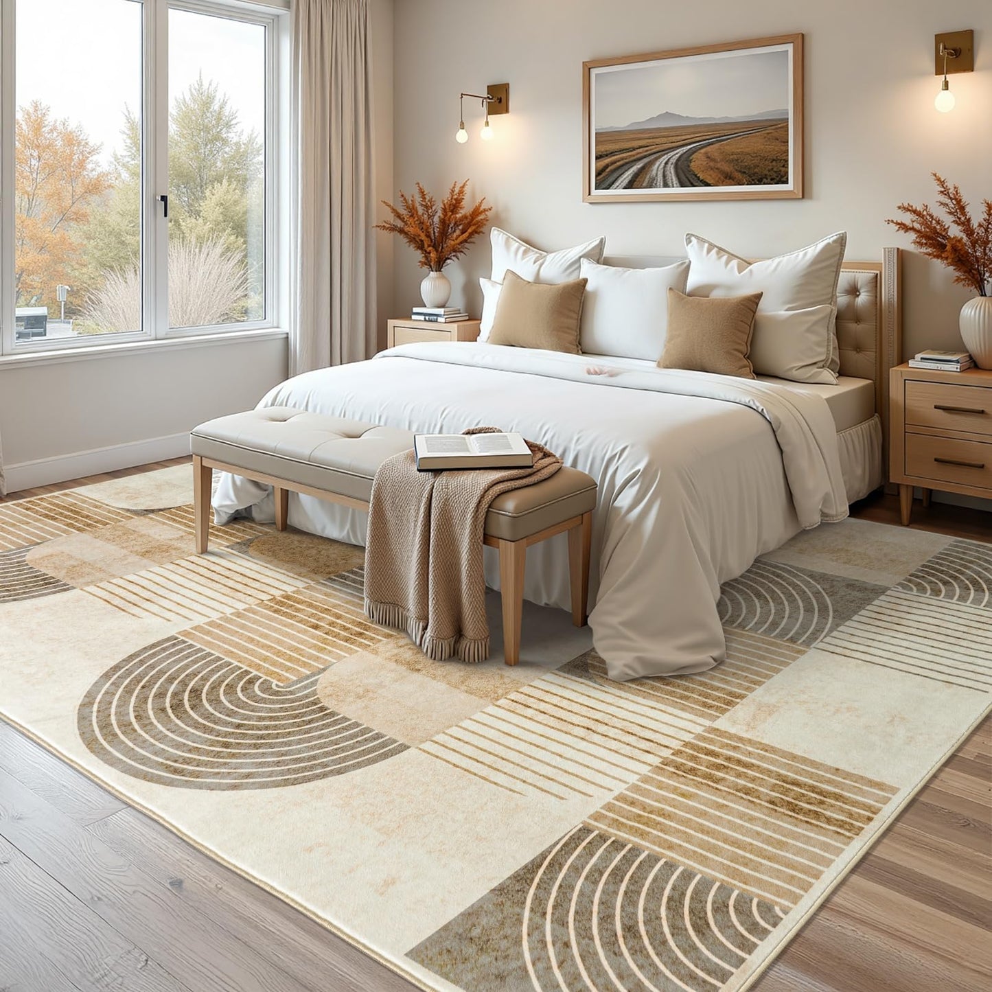 OHDS Area Rugs for Bedroom Living Room 4x6 - Soft Beige Mid Century Modern Rug, Washable Non-Slip Indoor Floor Mat Abstract Neutral Carpet for Dining Room Nursery Office Home