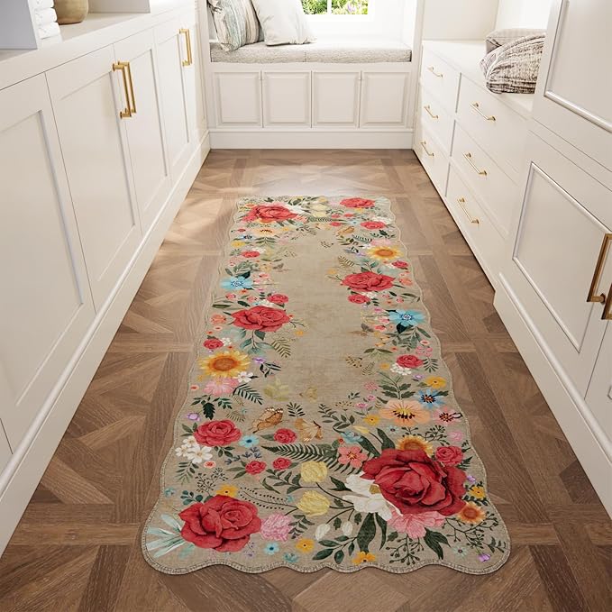 Kitchen Rug Runners for Hallways: 2x6 Washable Runner Rugs for Kitchen Ultra Thin Stain Resistant Non Slip Low Pile Lightweight Vintage Floral Carpet for Laundry Room, Bedside Decor (Khaki)