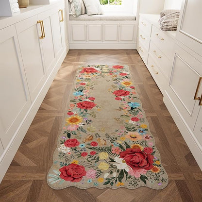 Kitchen Rug Runners for Hallways: 2x6 Washable Runner Rugs for Kitchen Ultra Thin Stain Resistant Non Slip Low Pile Lightweight Vintage Floral Carpet for Laundry Room, Bedside Decor (Khaki)