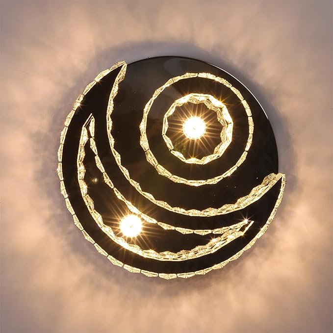 CXGLEAMING 15.7" Modern Crystal Chandelier Dimmable Ceiling Light Fixture Moon Shape LED Flush Mount Chandeliers for Bedroom Living Room Dining Room (Remote Control)