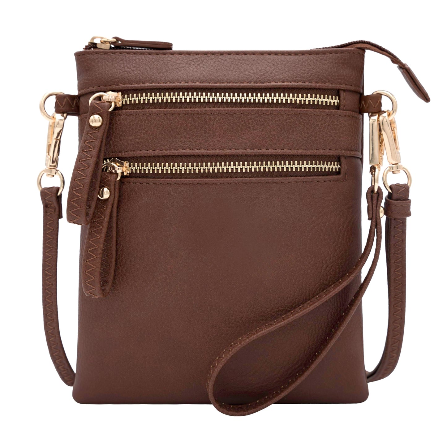 Solene Women's Faux Leather Organizer Multi Zipper Pockets Handbag With Detachable Wristlet Crossbody Bag-WU002(Coffee)