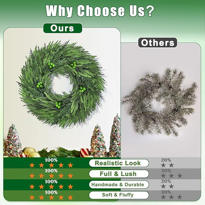 24 Inch Christmas Wreaths for Front Door, Real Touch Norfolk Pine Wreath Large Christmas Wreath with Lights, Winter Wreaths Christmas for Outdoor Indoor Windows Xmas Decor