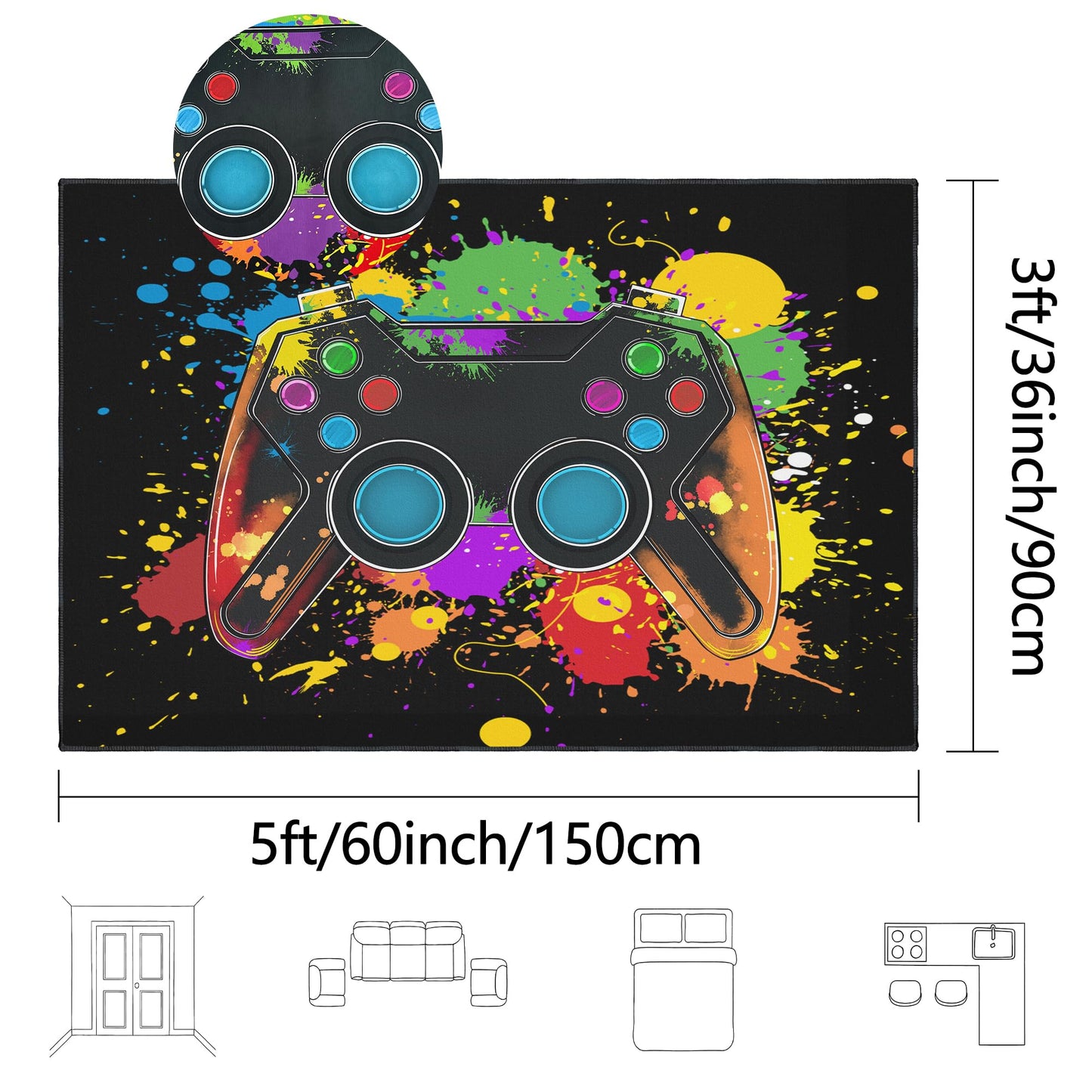 Vesocro Gaming Rug for Room,3x5 ft Non-Slip Cool Gamer Carpet for Bedroom Livingroom and Game Room Rug Decor