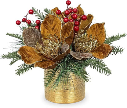 13 inch Brown Christmas Table Centerpiece 5" Glitter Magnolia Flower and Berries Fir Greenery Artificial Christmas Floral Centerpiece in Ceramic Pot Tabletop Xmas Table Arrangement Decoration