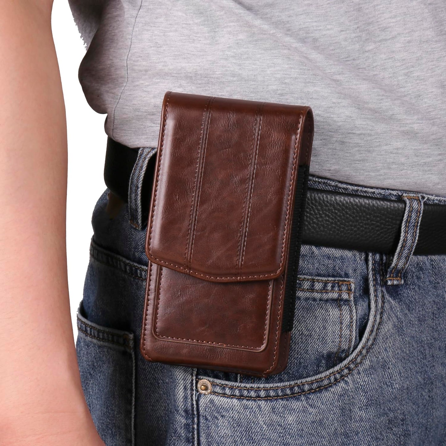 Cellphone Pouch Waist Men, Leather Cell phone Waist bag with Card Holder Leather, 6.5" Men's Waist Holster Waterproof Belt Clip Holder Wallet Waist Pocket Purse Smartphone Carrying Case Bum Bag