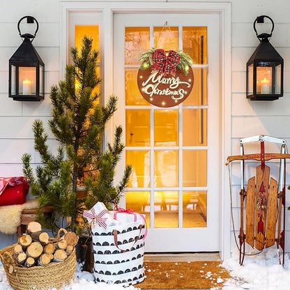 HOMCDALY Merry Christmas Sign for Front Door, Wooden Hanging Sign Door Decoration with 12 LED Light, Winter Welcome Wreath indoor outdoor Décor, Christmas Decoration.