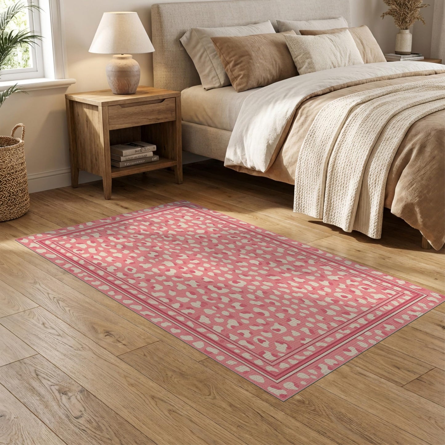 ODIKA 5'x7' Washable Area Rug Print Spotted Leopard Inspired Border Abstract Motif Pink Cheetah Refined for Dining Room, Under Table, Home Office, Non-Slip Chair-Friendly