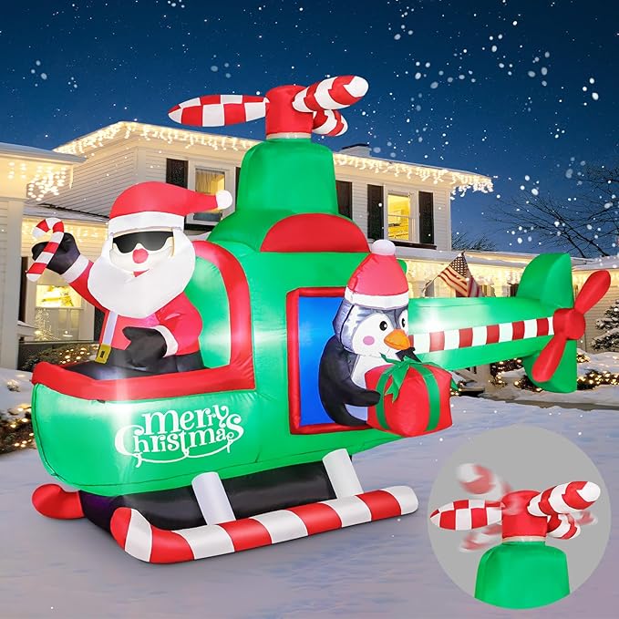FunFanso 6.5FT Christmas Inflatable Santa Claus on Helicopter Outdoor Decorations with Bright LED Lights, Christmas Blow Up Santa Flying Airplane with Penguin for Xmas Decor Lawn Yard Holiday Party