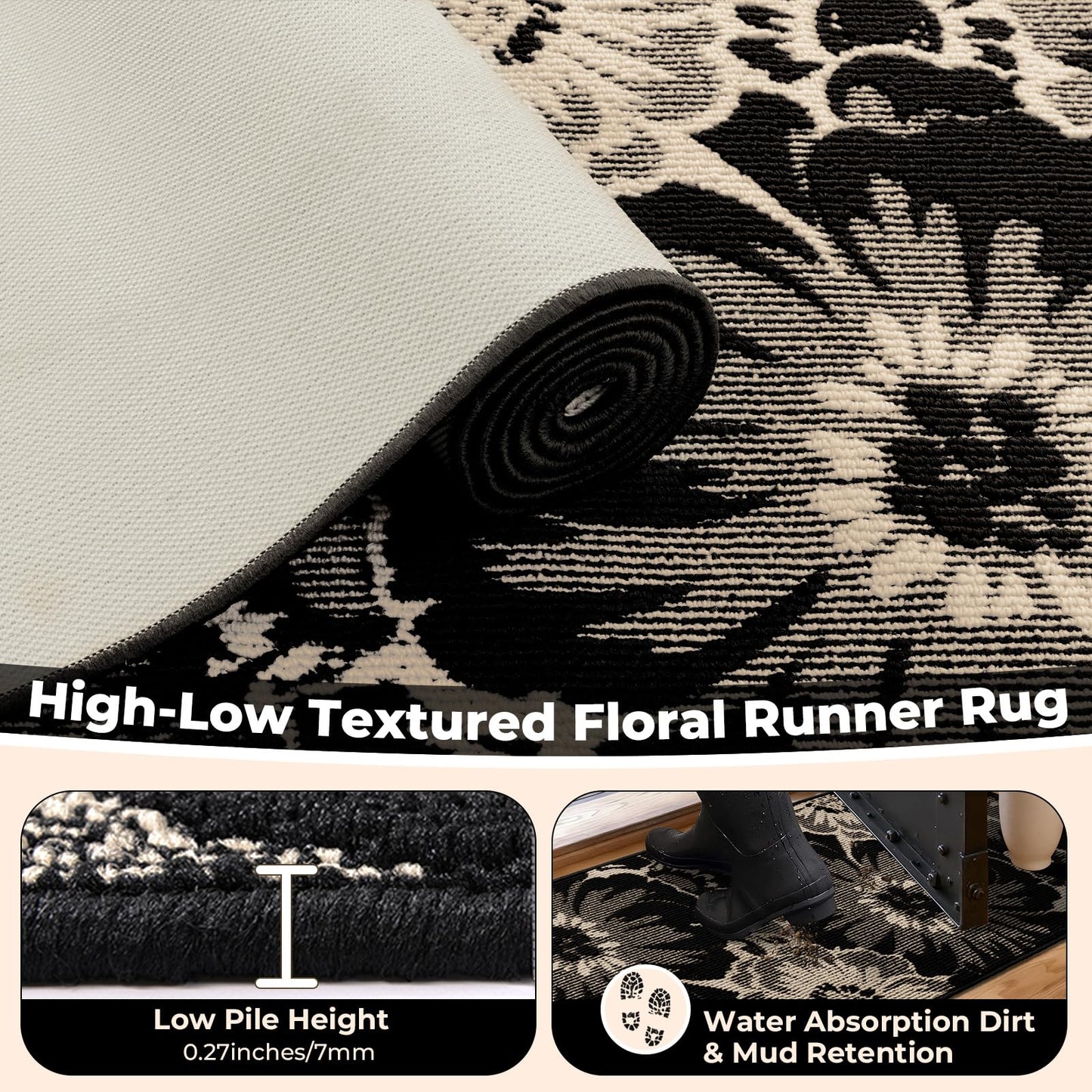 Findosom Hallway Runner Rug 2x8, Non Slip High-Low Textured Floral Washable Runner Rug with Rubber Backing, Boho Carpet Runner for Kitchen, Entryway, Bedroom, Laundry, Black & Beige