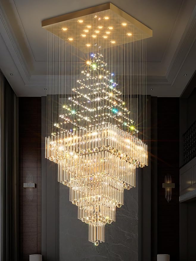 D40''X H80'' Extra Large Chandeliers for High Ceilings Crystal Raindrop Gold Chandeliers Large Villa Chandelier Entrance Foyer Square Ceiling Light LED Dimmable 2700K-6000K 16 led bulbs include