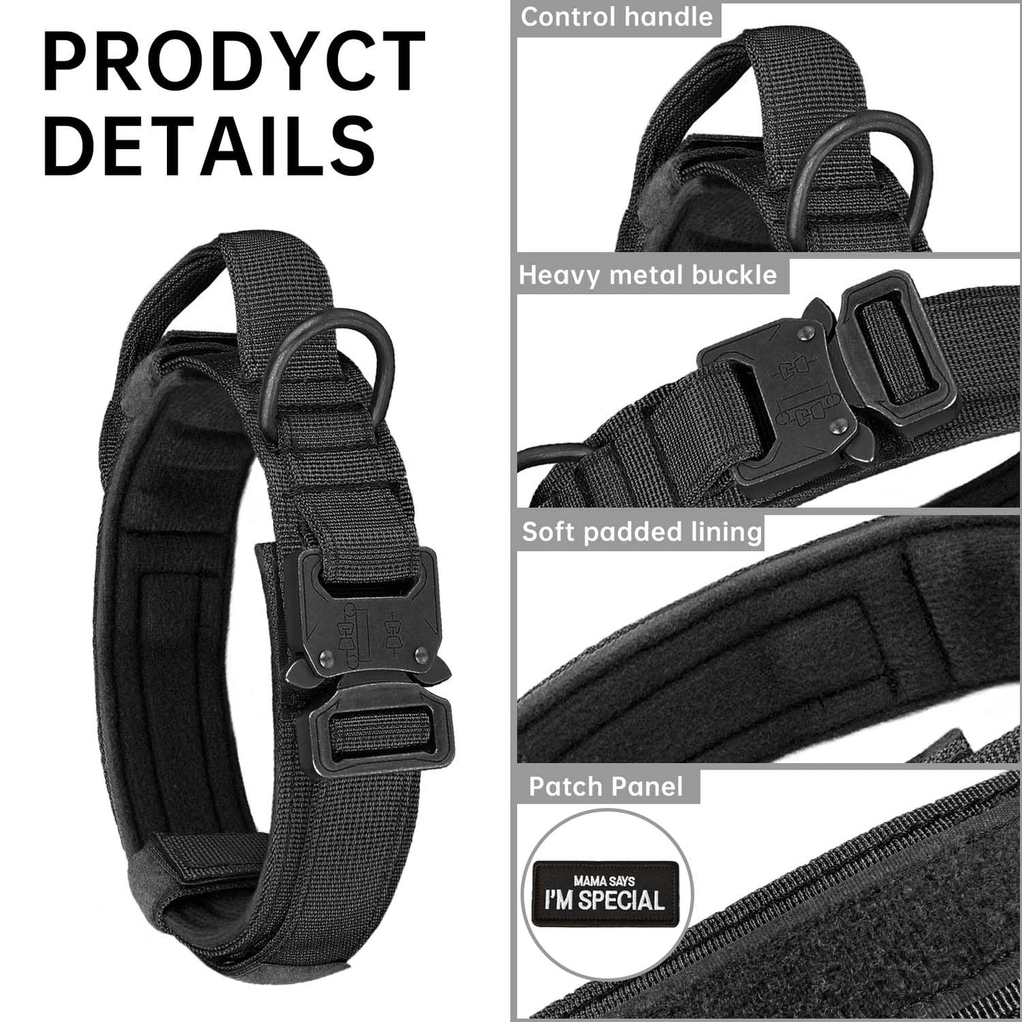 Tactical Dog Collar with Handle - Adjustable Nylon Training Military Dog Collar with Heavy Duty Metal Buckle Collar for Medium Large Dogs,with Patch