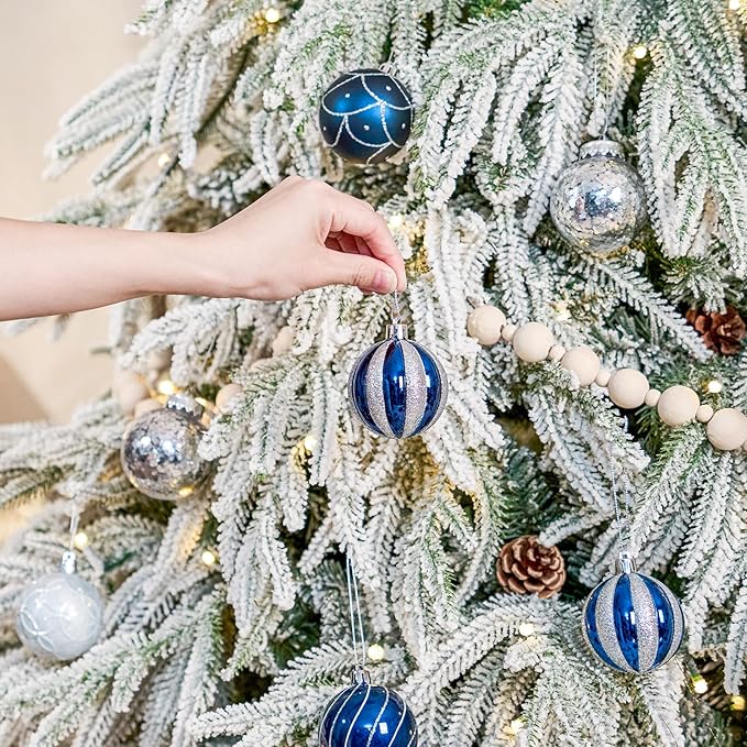 JORNOY Christmas Balls Ornaments, 30ct Shatterproof Xmas Tree Decorations, Hanging Bulbs Baubles Set with String for Holiday Home Party Decor, 2.36 inch/60mm, Navy Blue&Silver