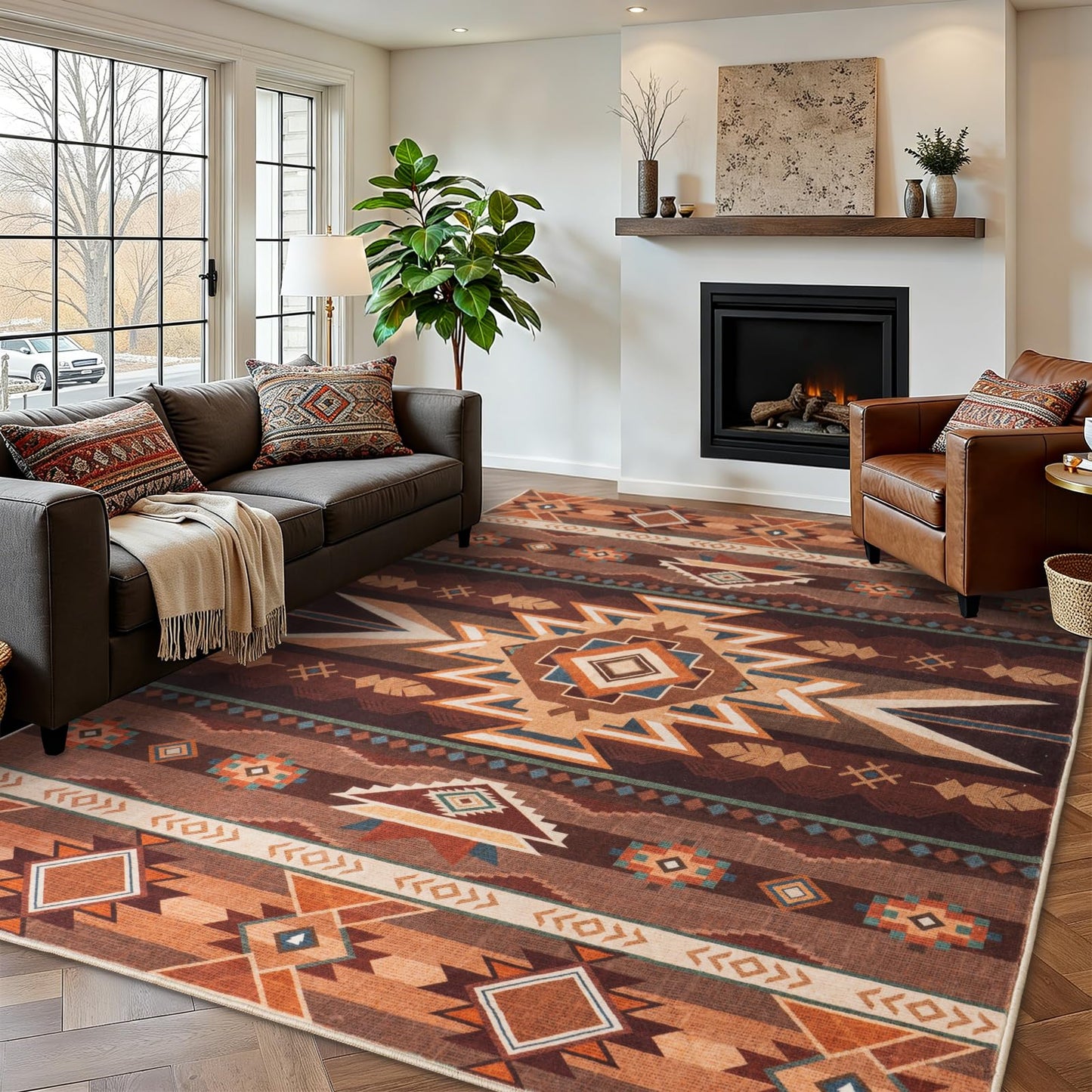 Western Rug for Living Room, 5x7 Non Slip Low Pile Aztec Rug for Bedroom, Dining Room Rugs for Under Table, Office, Machine Washable Area Rugs, Red Brown