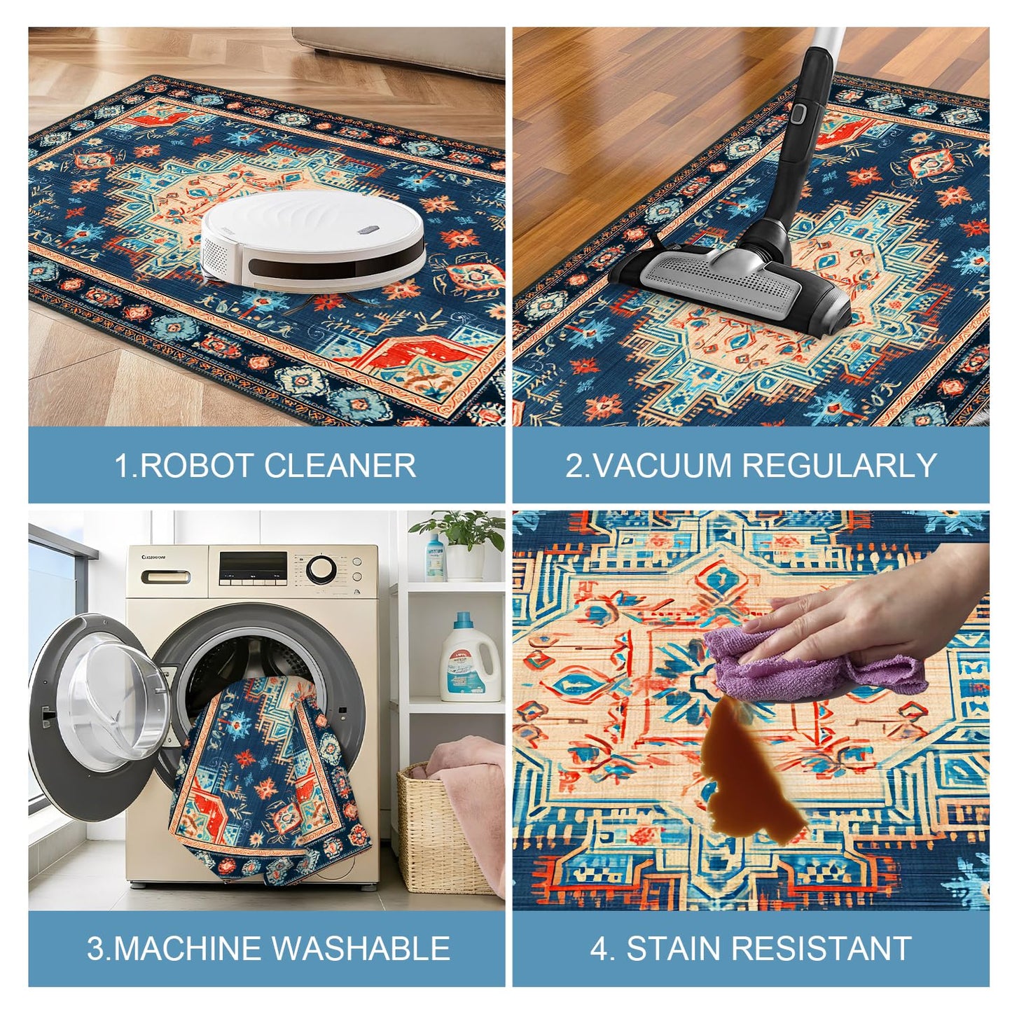 Navy Blue Coral Tribal 2x3 Entry Rug,Washable Small Rugs for Entryway Kitchen Bathroom Door Mat Indoor Entrance,Non Slip Rubber Backing,Stain & Fade Resistant,Bohemian Southwestern Decor